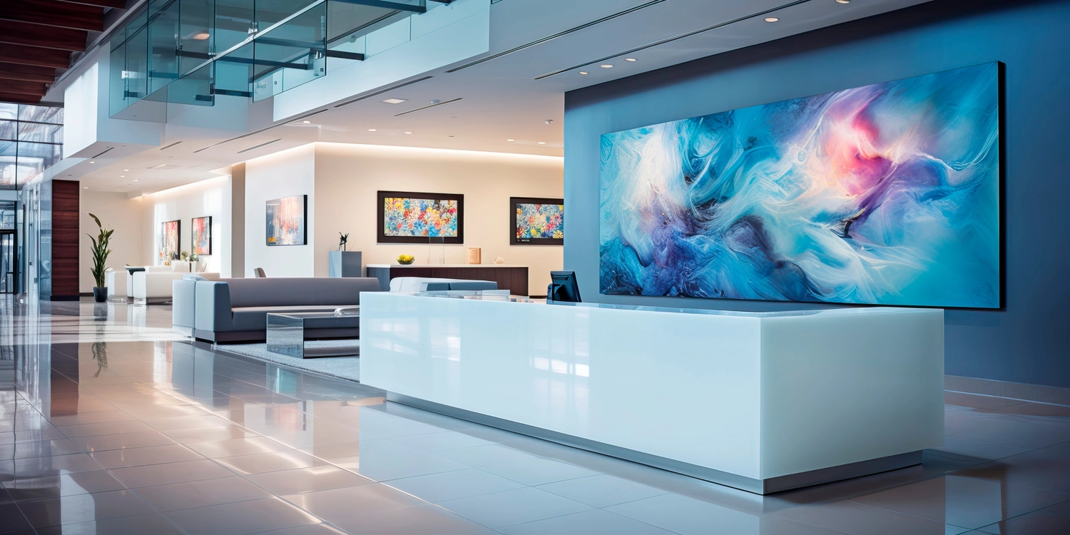 Europe Cleaning Service Bernd Leibold e.K. – Elegante und moderne Bürolobby mit minimalistischer Einrichtung, großem Empfangstresen und zeitgenössischen Kunstinstallationen.